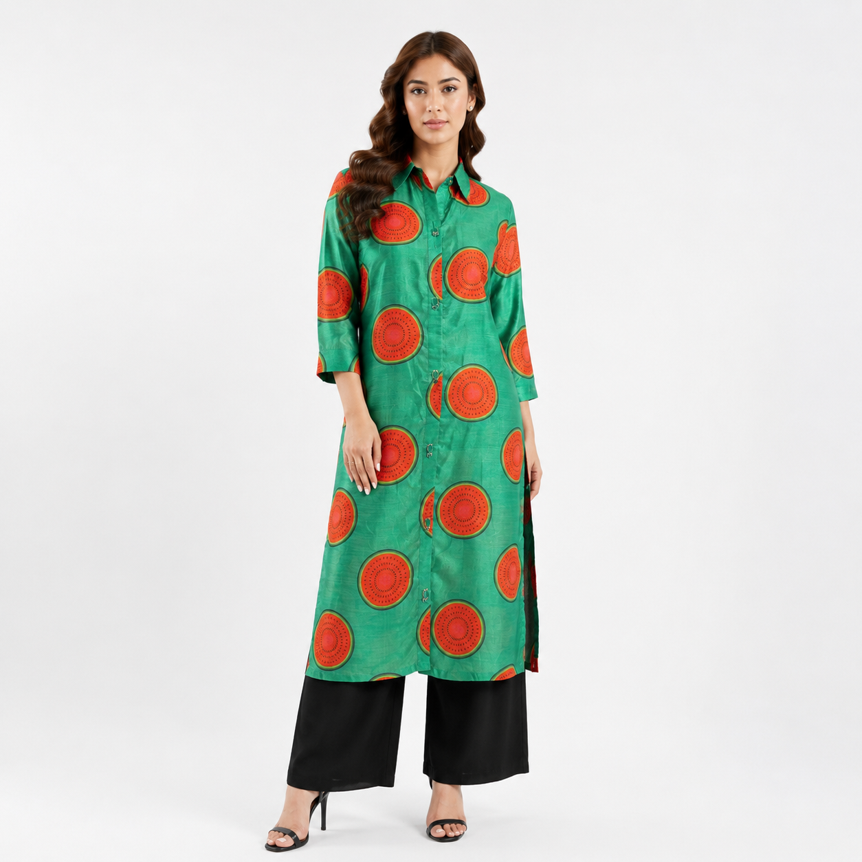 Women's Green Long Shirt with Bold Red Circle Print and Mandarin Collar